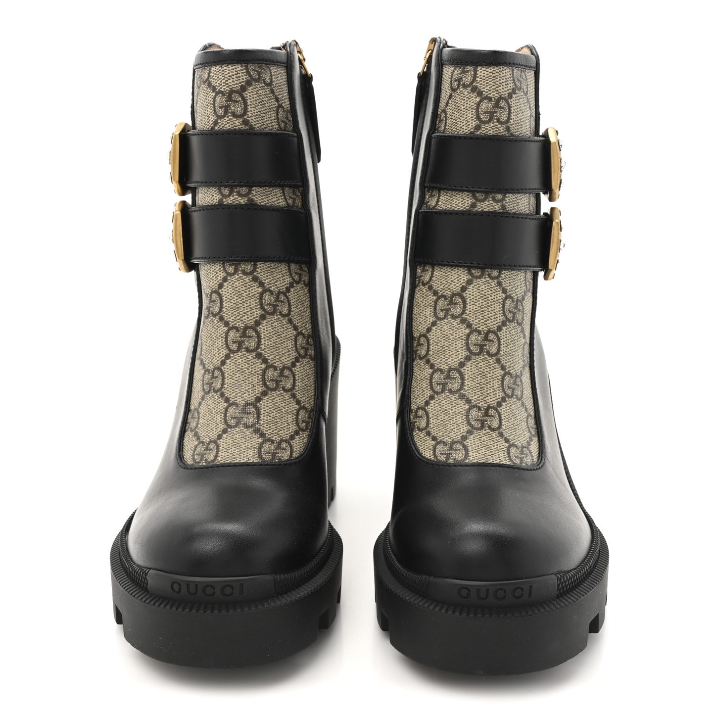 Kensington Calfskin Nappa GG Supreme Monogram Womens Double Buckle Ankle Boots 35 Black