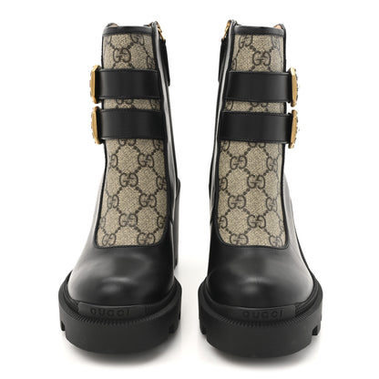 Gucci Kensington Calfskin Nappa GG Supreme Monogram Womens Double Buckle Ankle Boots 35 Black 3 of 10