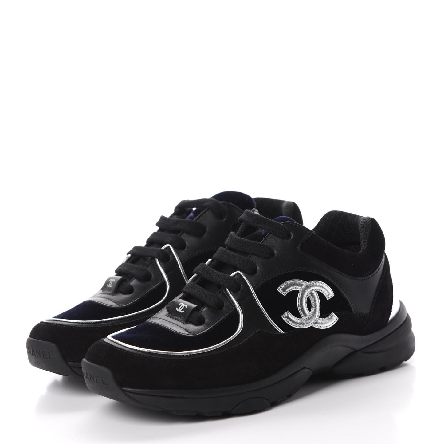 Suede Velvet Lambskin CC Sneakers 35 Black Blue Silver