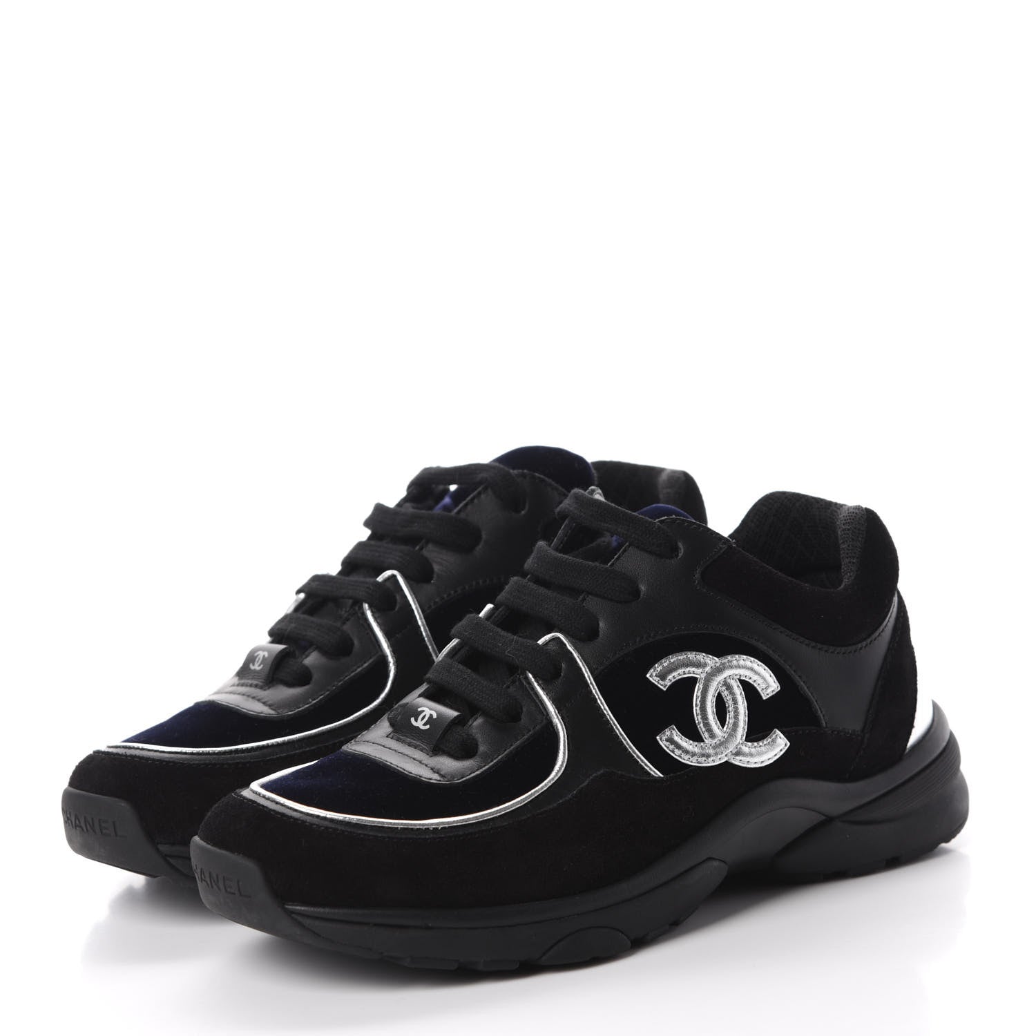 Chanel Suede Velvet Lambskin CC Sneakers 35 Black Blue Silver 3 of 8