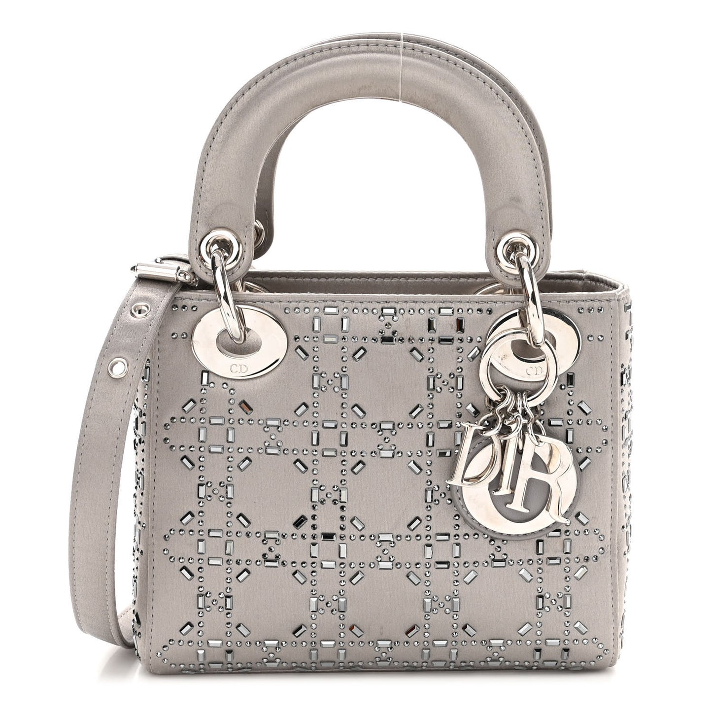 Satin Crystal Cannage Mini Lady Dior Gray