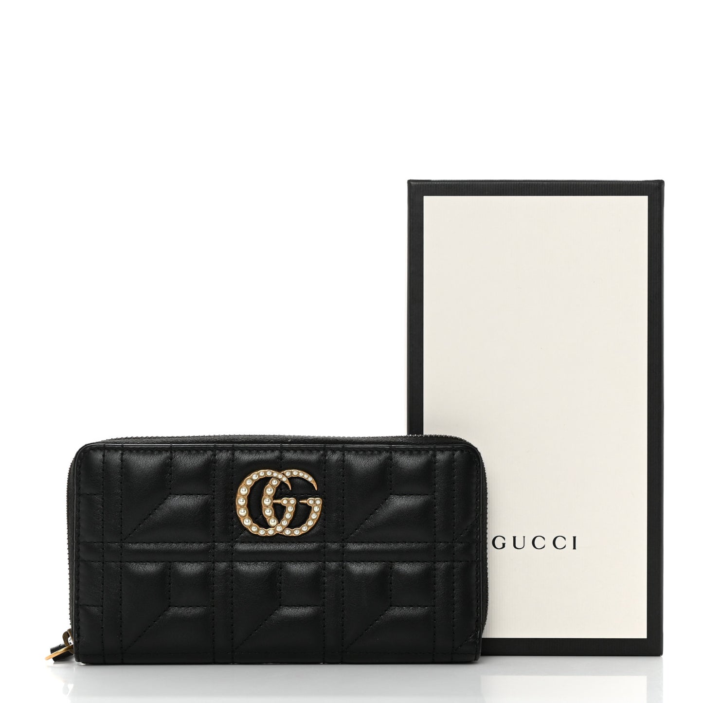Calfskin Matelasse Pearly GG Marmont Zip Around Wallet Black
