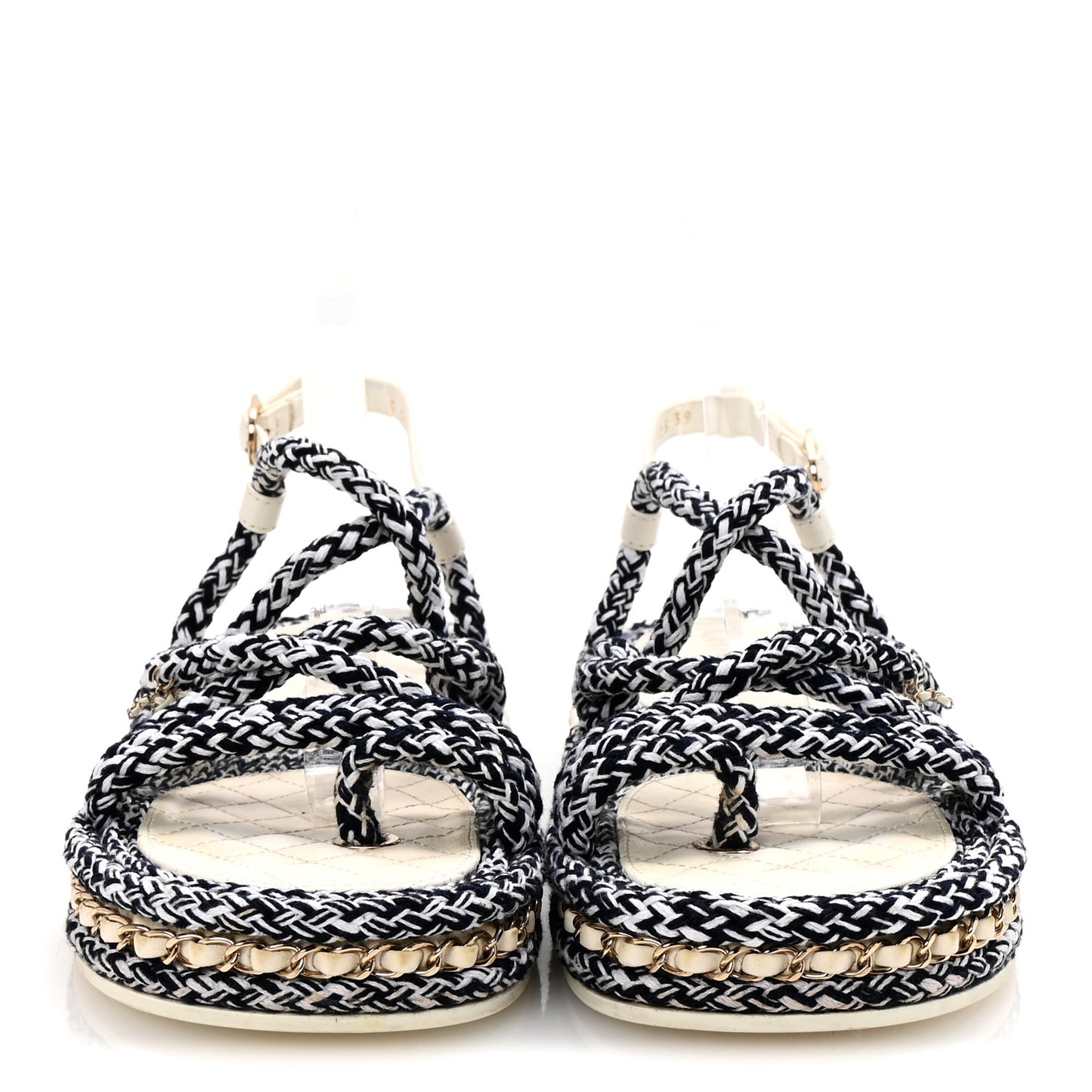 Cord Lambskin Quilted Logo Sandals 39 Navy Blue White