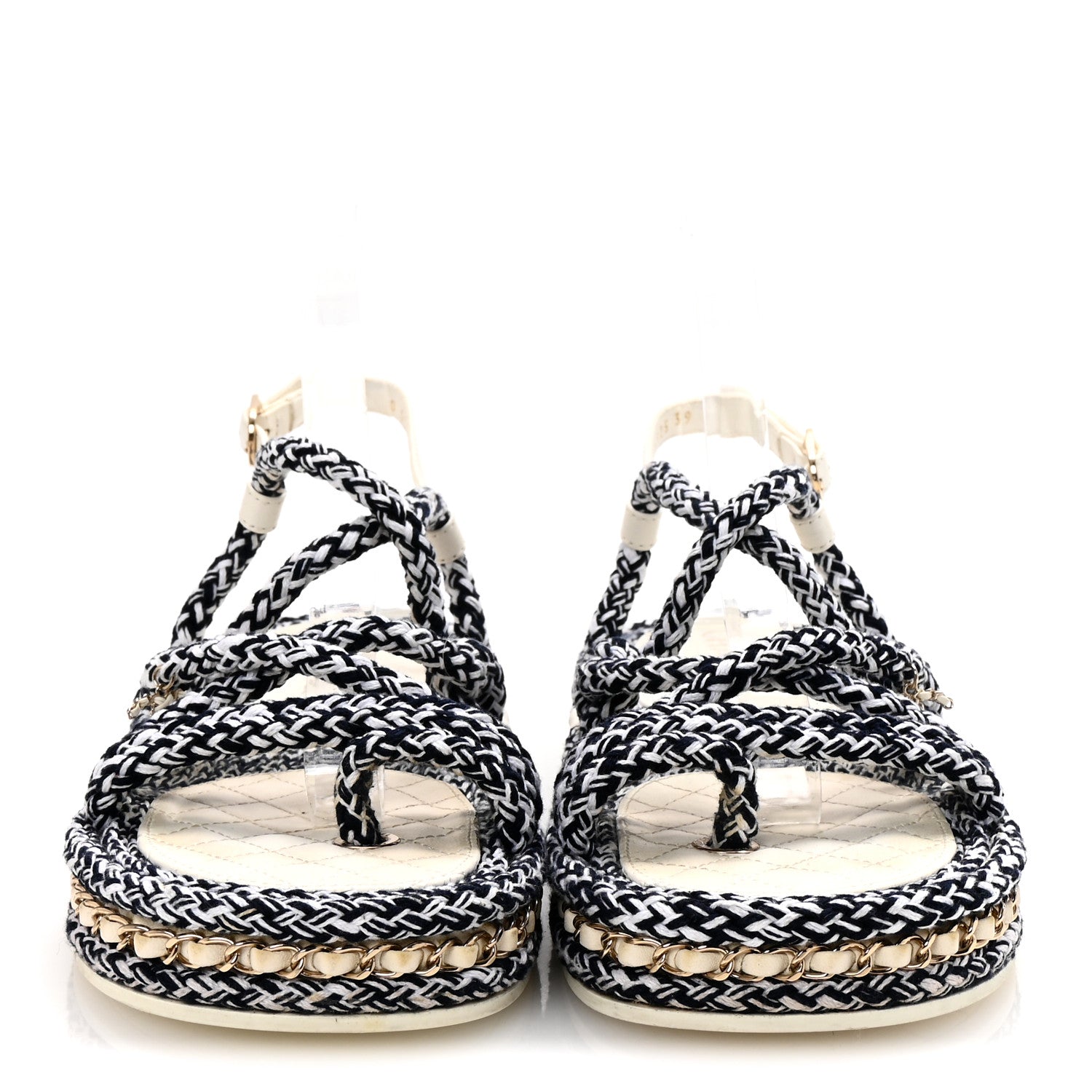 Chanel Cord Lambskin Quilted Logo Sandals 39 Navy Blue White 3 of 10