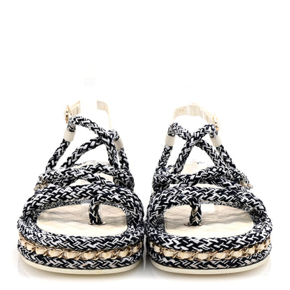 Chanel Cord Lambskin Quilted Logo Sandals 39 Navy Blue White 3 of 10