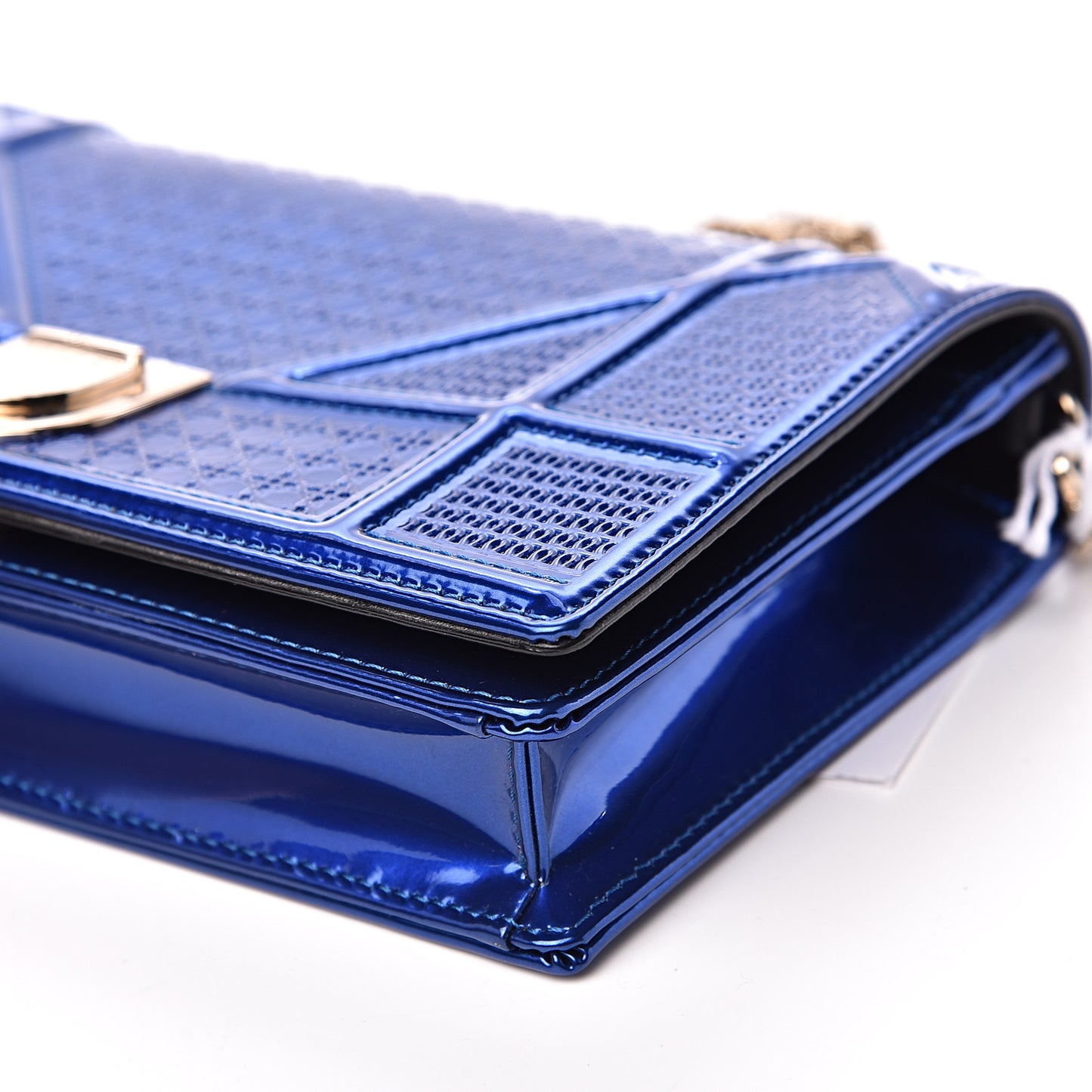 Metallic Patent Micro-Cannage Diorama Wallet on Chain Pouch Mirror Blue