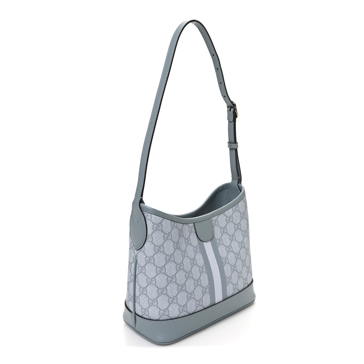 Gucci GG Supreme Monogram Textured Dollar Calfskin Web Small Ophidia Bucket Shoulder Bag Dusty Blue 3 of 10