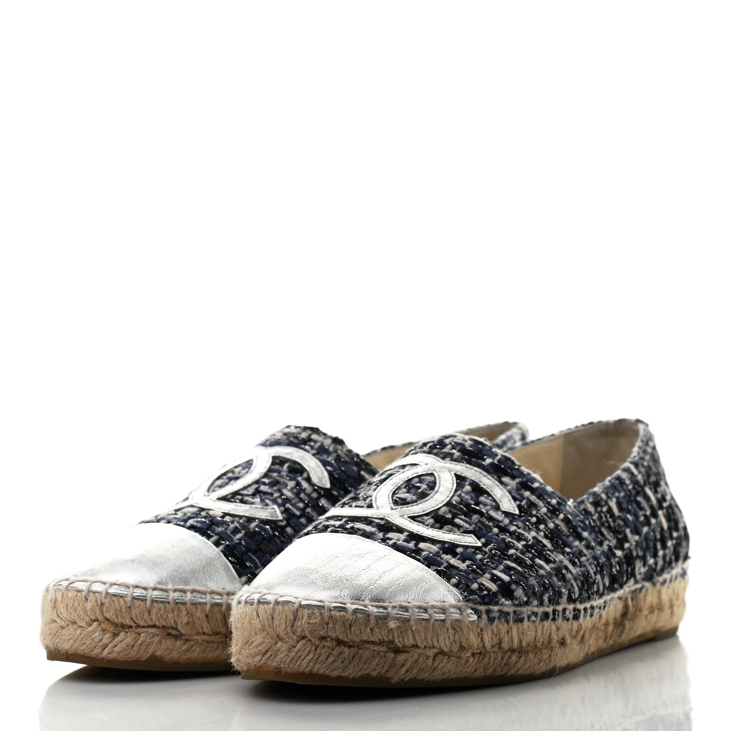 Chanel Metallic Tweed Lambskin CC Espadrilles 38 Blue Black Silver 3 of 7