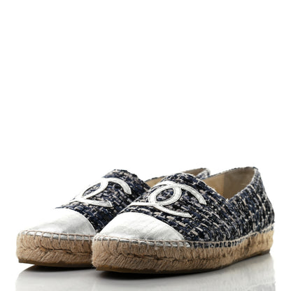 Chanel Metallic Tweed Lambskin CC Espadrilles 38 Blue Black Silver 3 of 7