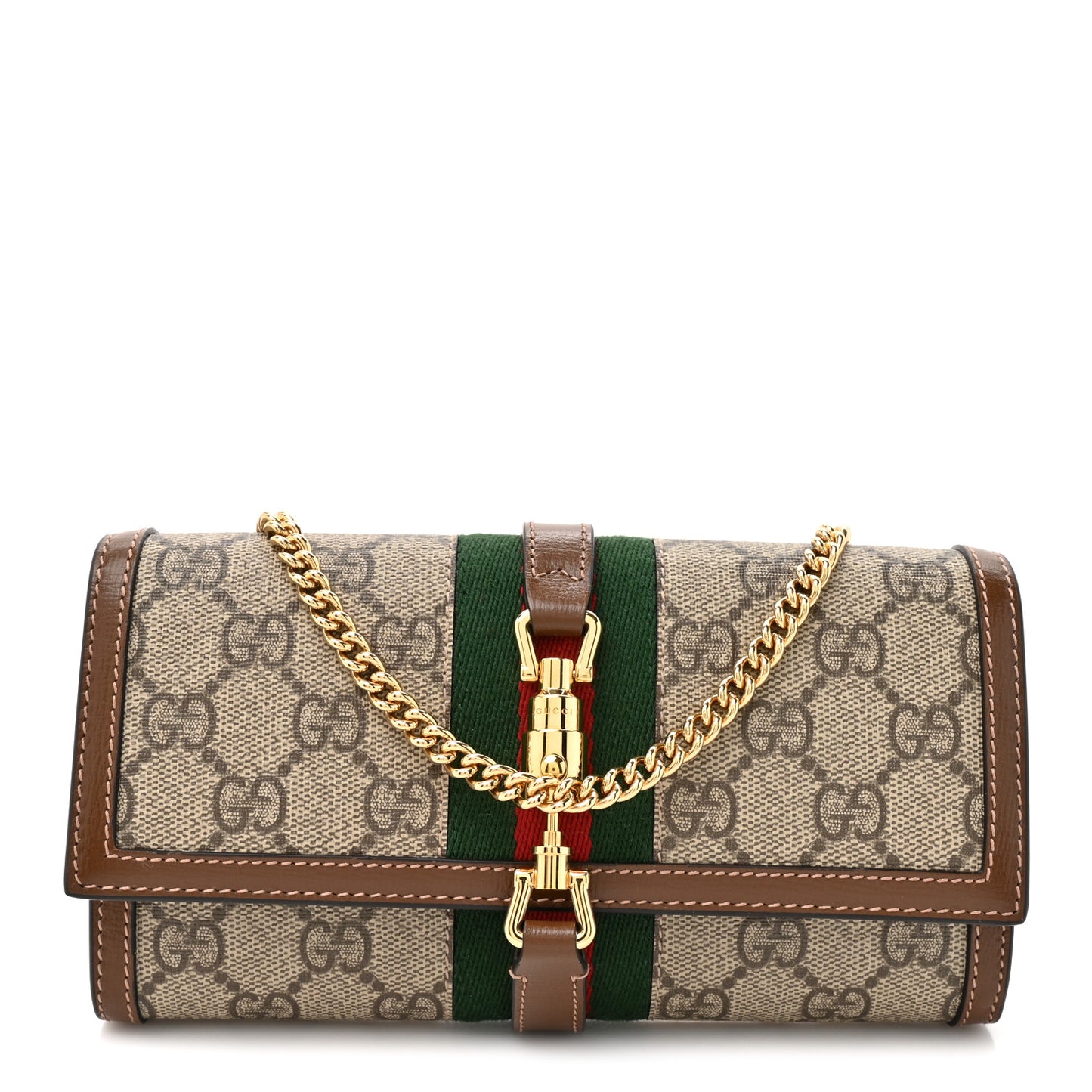 GG Supreme Monogram Azalea Calfskin Web Jackie 1961 Chain Wallet Beige Ebony Brown Sugar