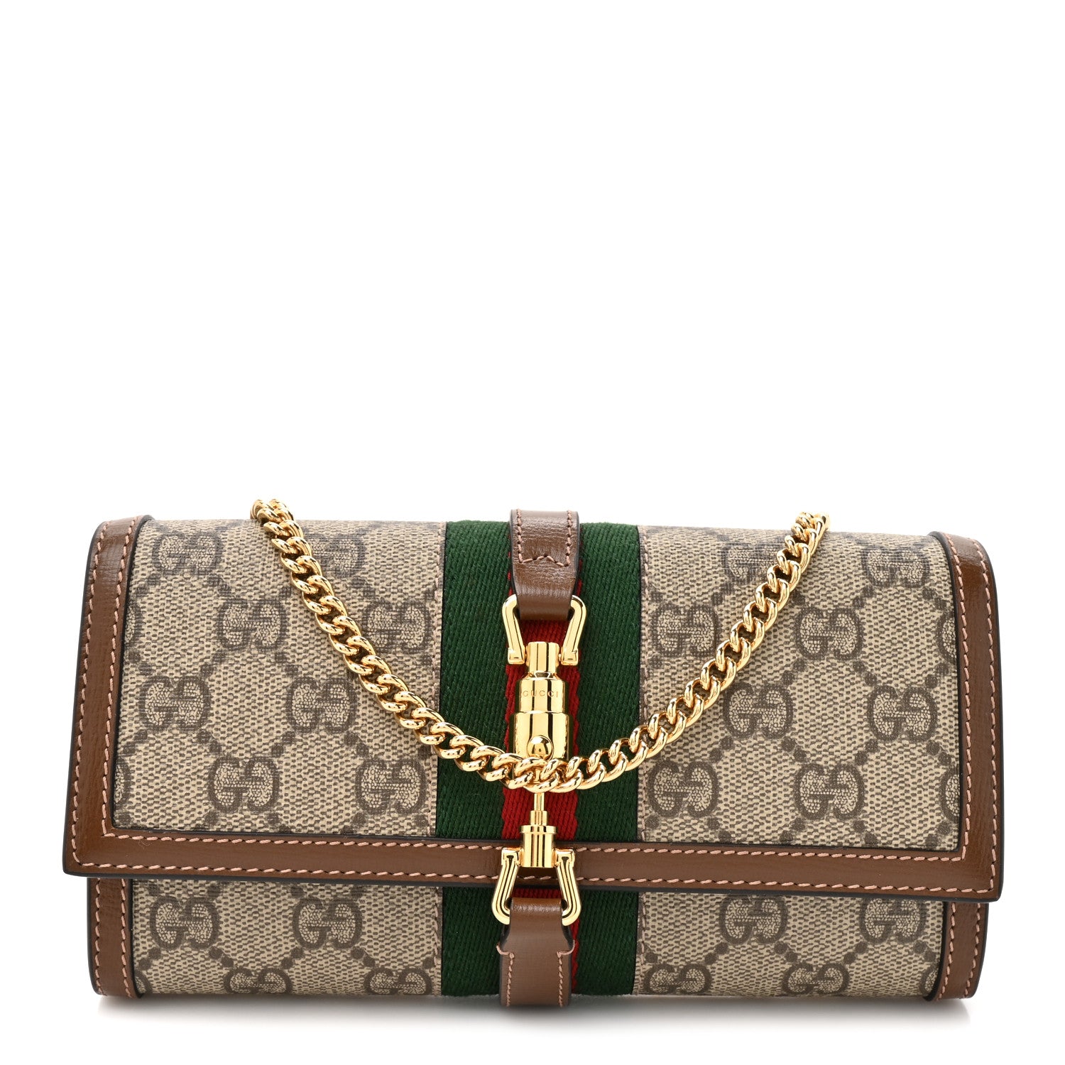 Gucci GG Supreme Monogram Azalea Calfskin Web Jackie 1961 Chain Wallet Beige Ebony Brown Sugar 1 of 12
