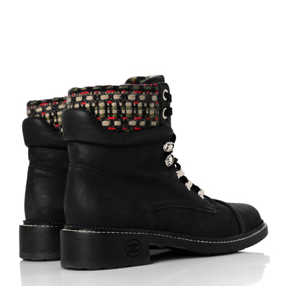 Chanel Calfskin Tweed Trim Lace Up Boots 39 Black Multicolor 4 of 7