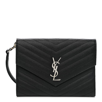 Saint Laurent Grain De Poudre Matelasse Chevron Monogram Envelope Clutch Black 1 of 10