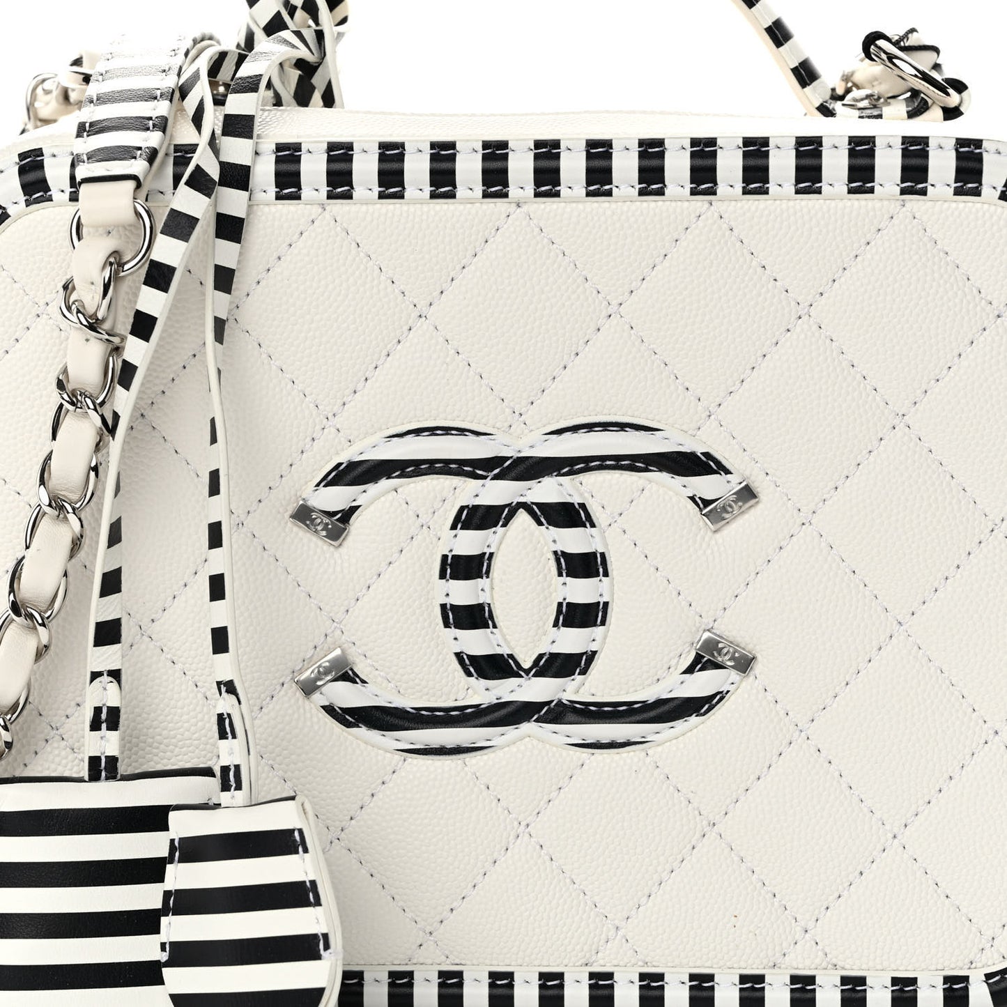 Caviar Quilted Striped Medium CC Filigree Vanity Case White Black