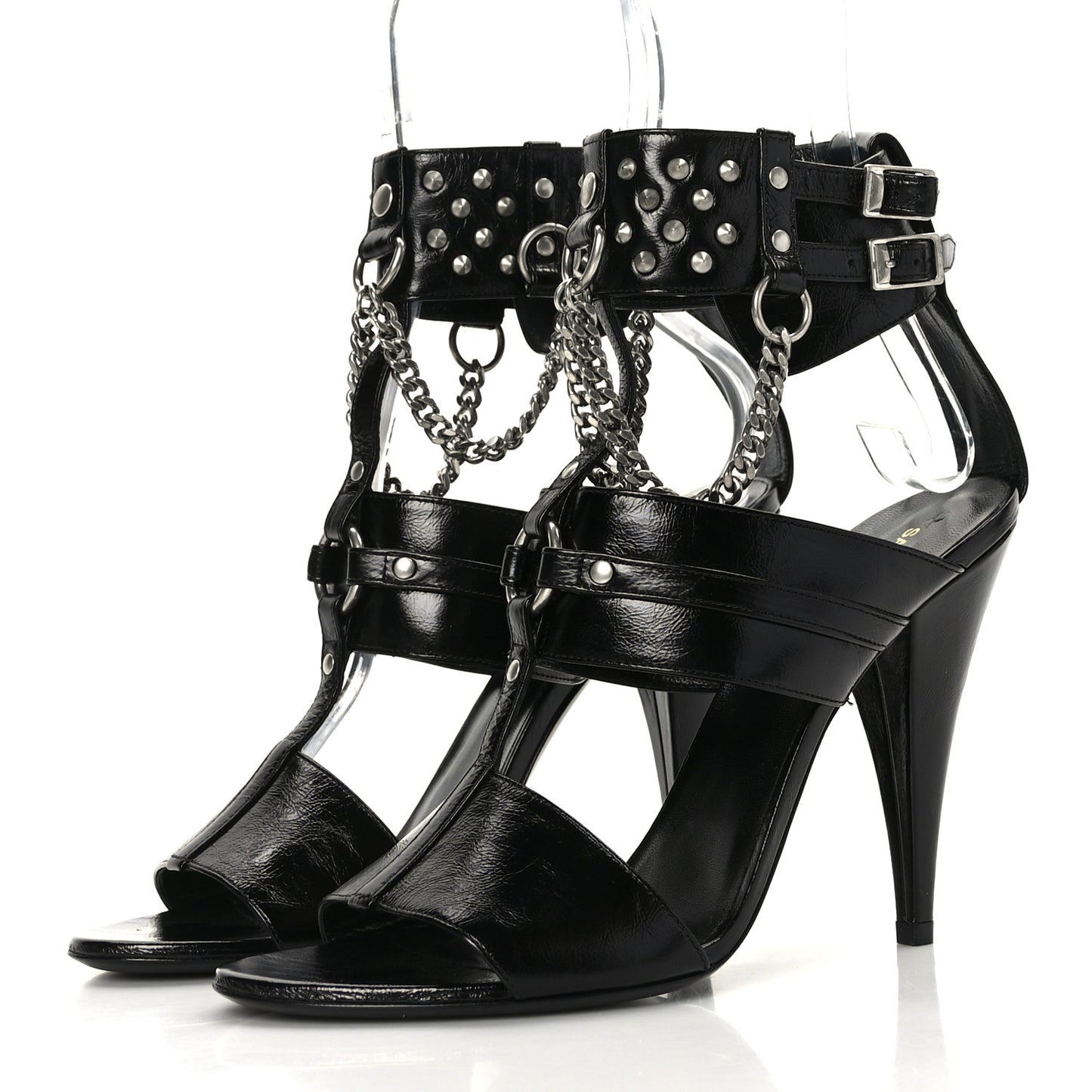 Shiny Calfskin Multi-Studded Strap Fetish Ankle Sandals 39 Black