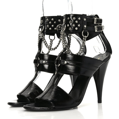 Saint Laurent Shiny Calfskin Multi-Studded Strap Fetish Ankle Sandals 39 Black 3 of 8