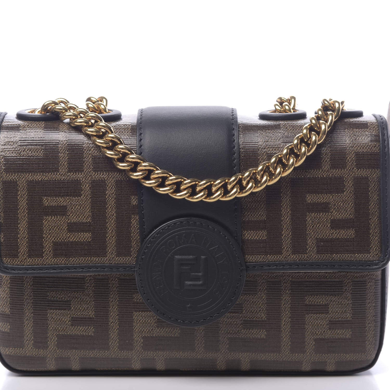 Fendi Glazed Fabric Vitello Century FF 1974 Stamp Patch Mini Double F Crossbody Bag Mogano Panna Black 9 of 9