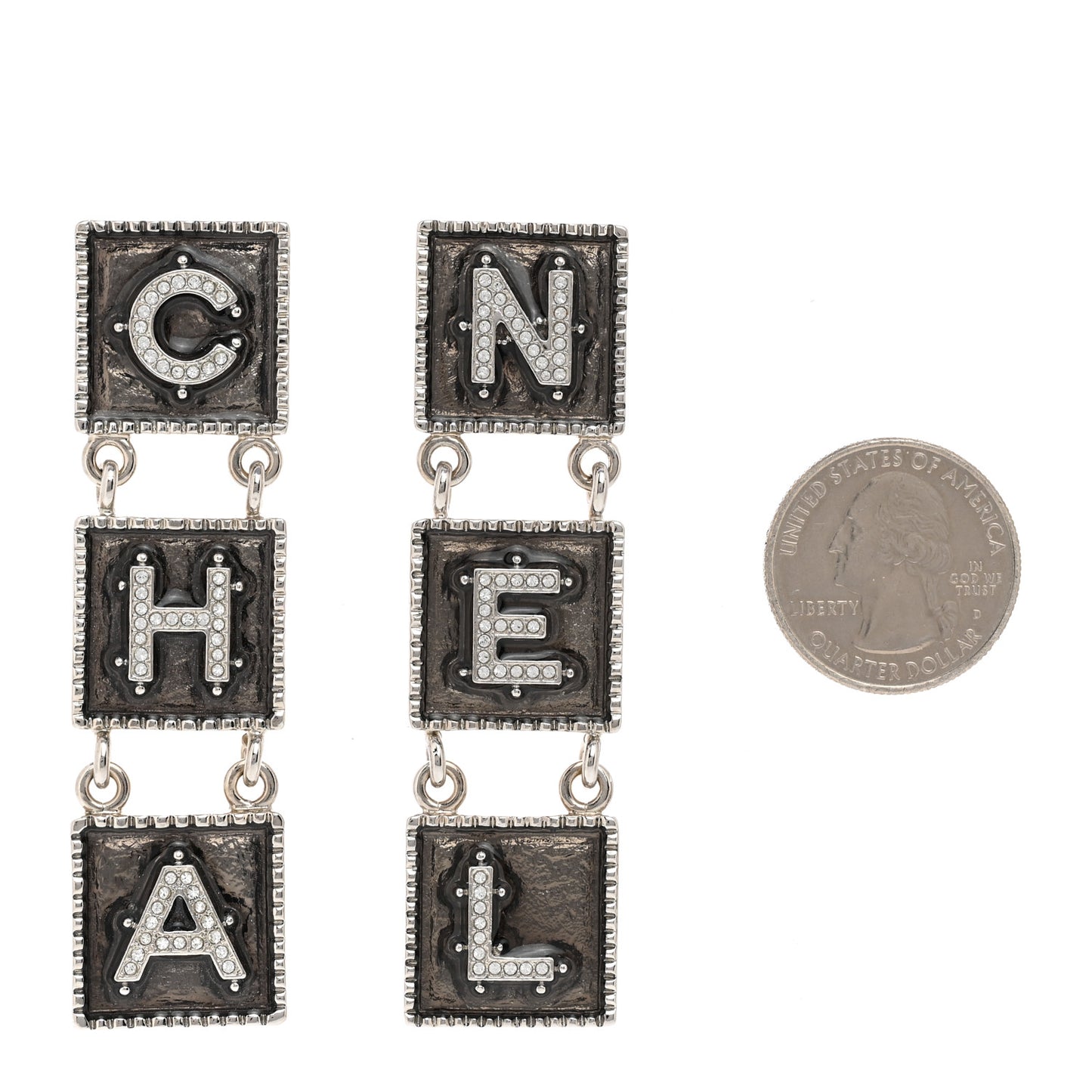 Metal Crystal Cha-Nel Logo Drop Earrings Silver