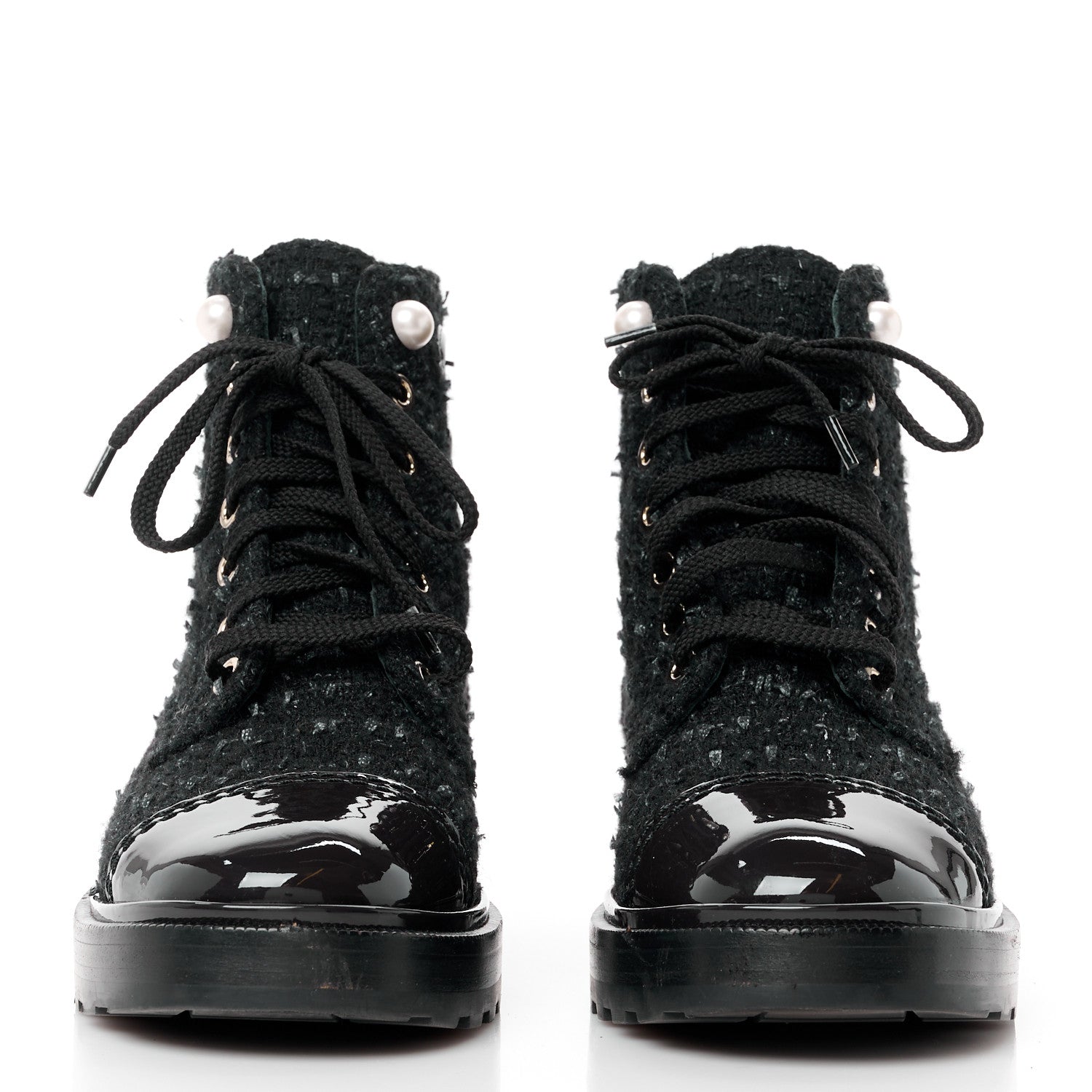 Chanel Tweed Patent Calfskin Pearl Combat Short Boots 35.5 Black Grey Blue 2 of 8