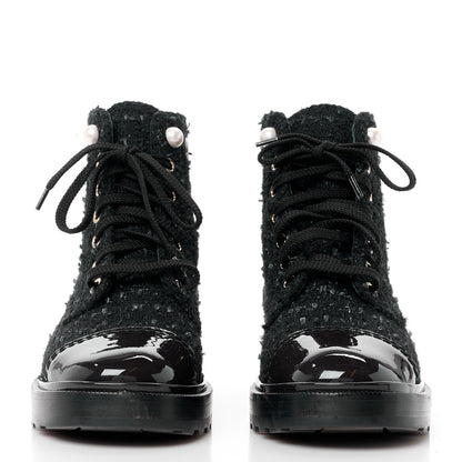 Chanel Tweed Patent Calfskin Pearl Combat Short Boots 35.5 Black Grey Blue 2 of 8