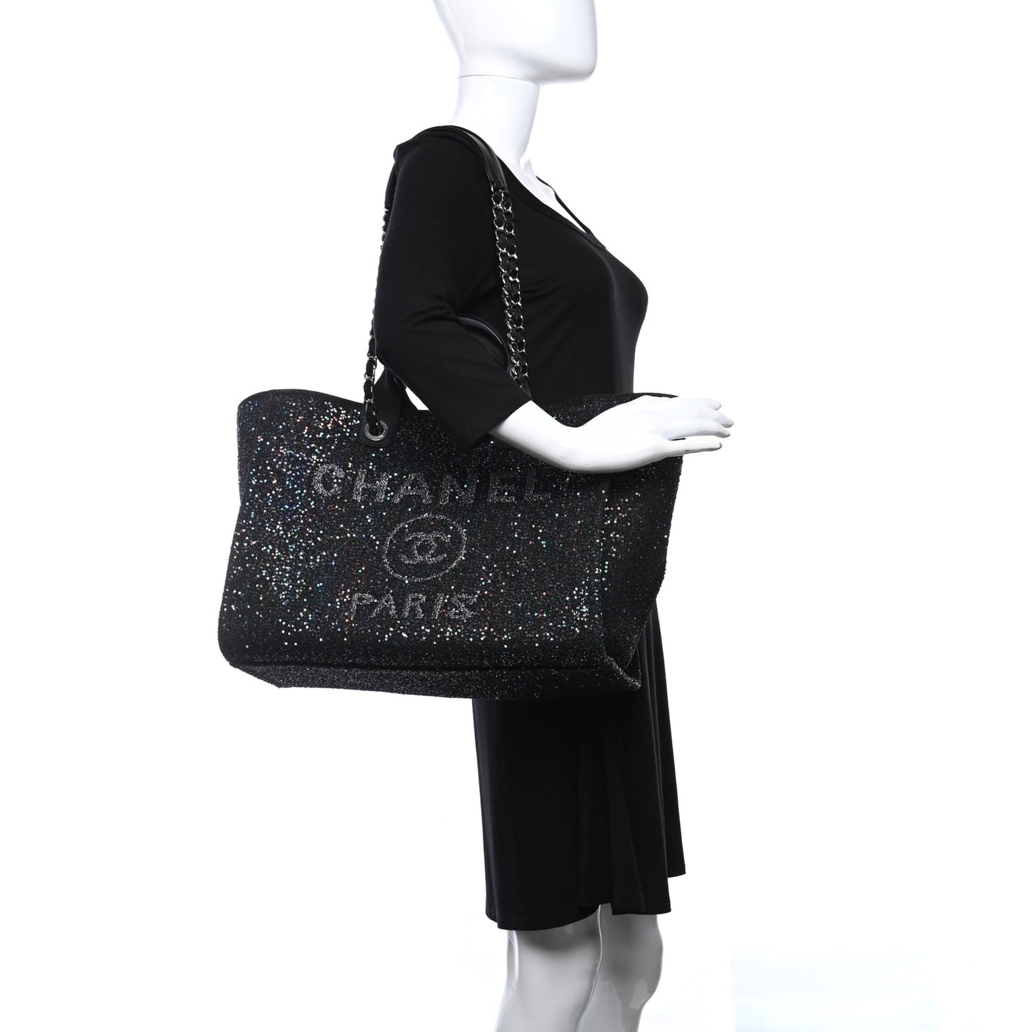 Calfskin Sequin Medium Deauville Tote Black