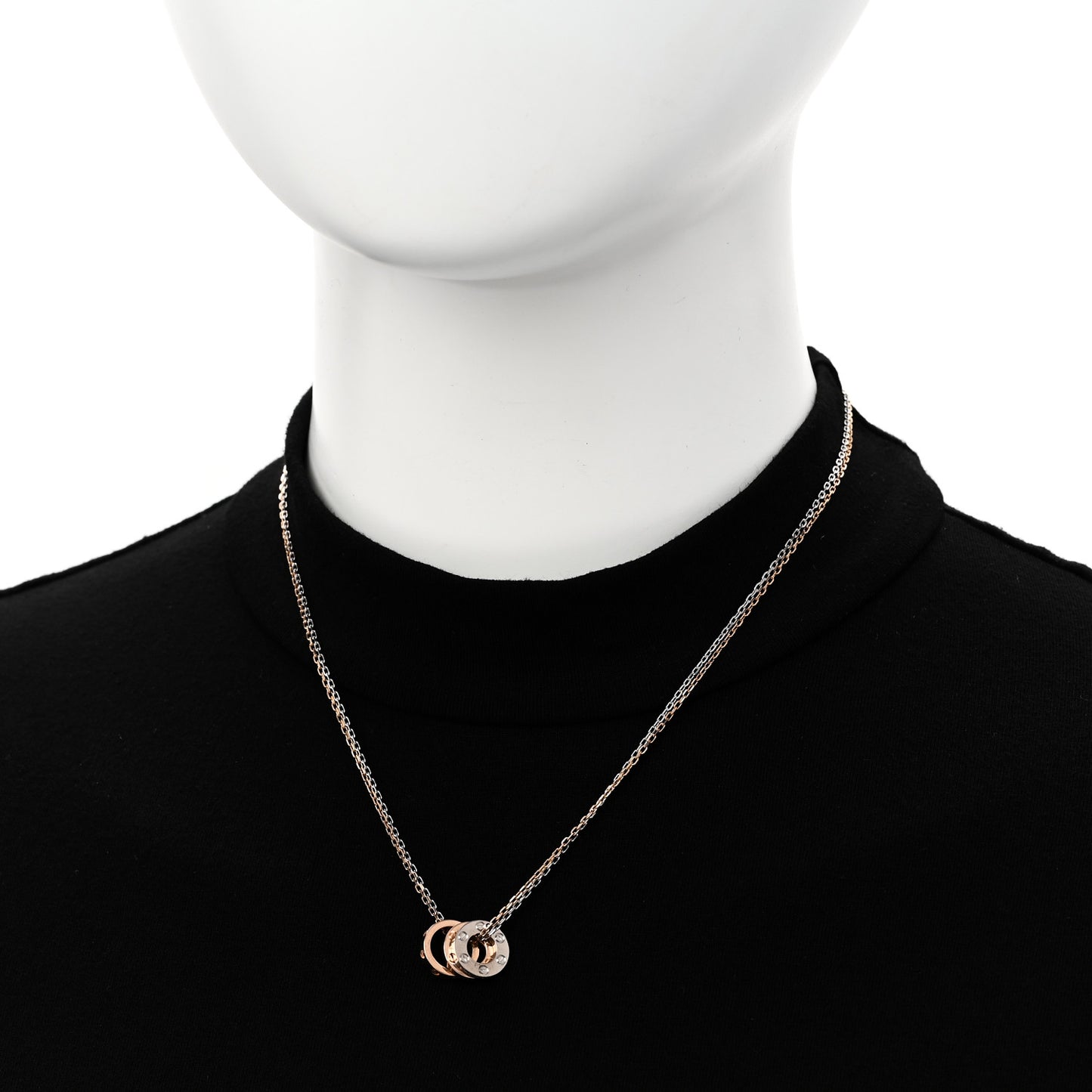 18K White Pink Gold Diamond Three Ring LOVE Pendant Necklace