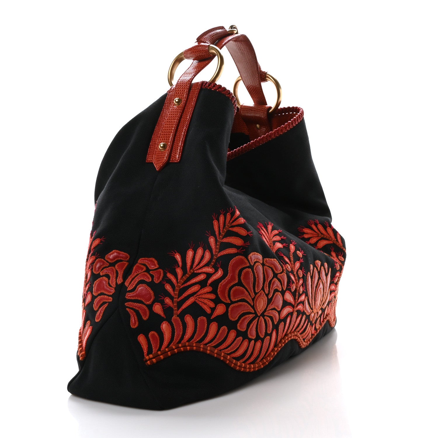 Gucci Lizard Canvas Embroidered Large Horsebit Chain Hobo Black Red 3 of 10