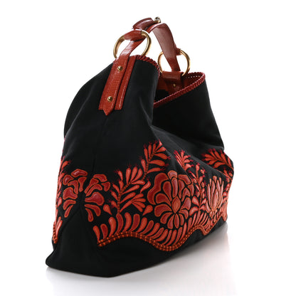 Gucci Lizard Canvas Embroidered Large Horsebit Chain Hobo Black Red 3 of 10