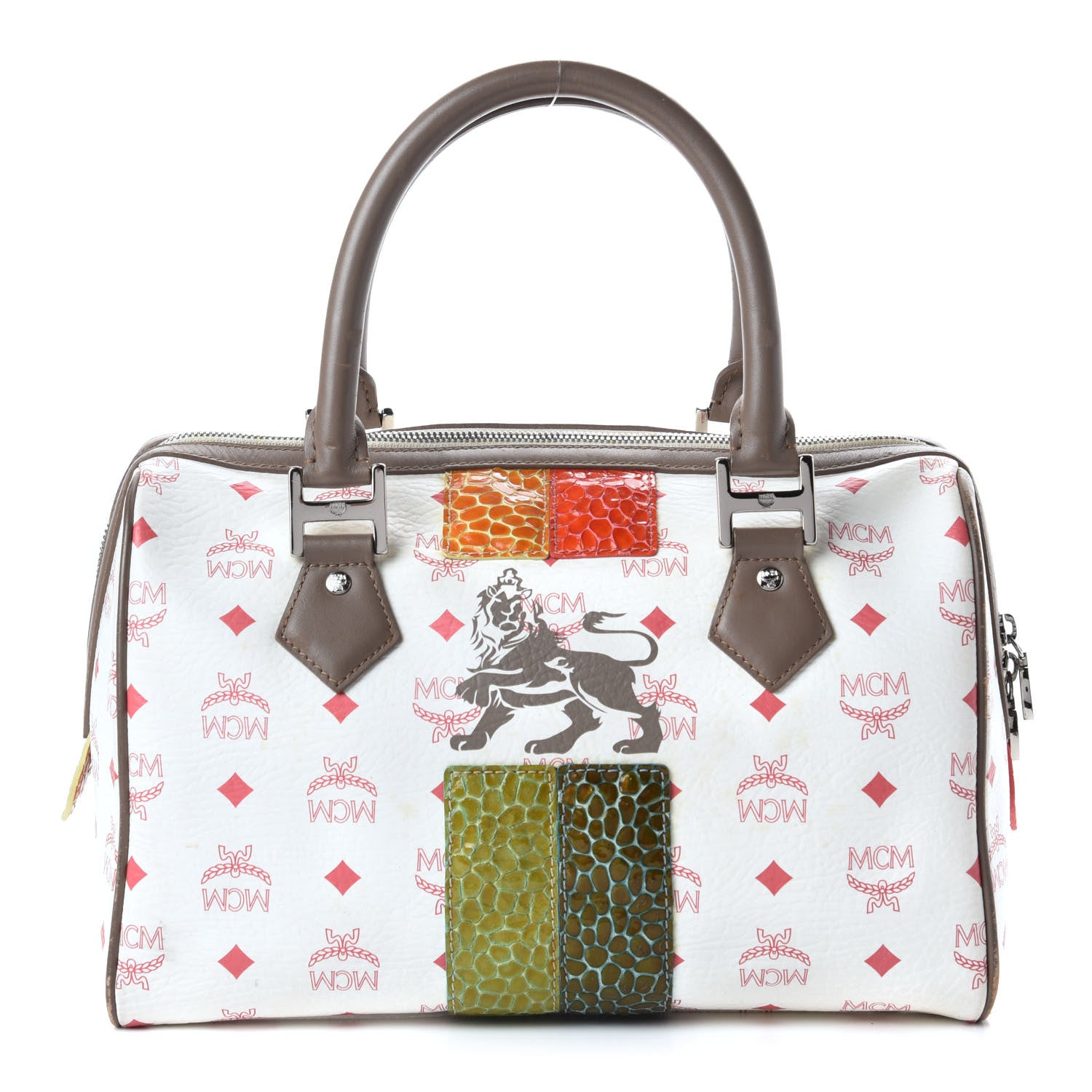 MCM Visetos Striped Munich Lion Boston Satchel White 1 of 9