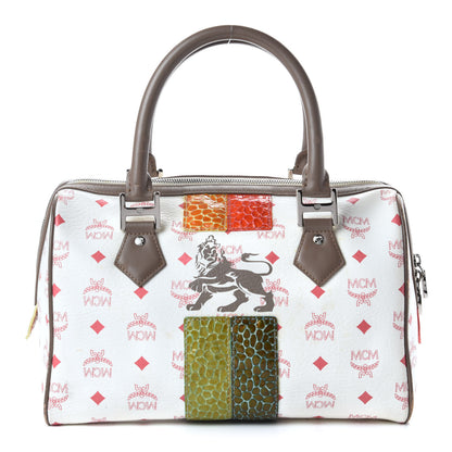 MCM Visetos Striped Munich Lion Boston Satchel White 1 of 9
