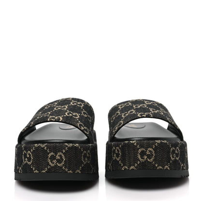 Gucci Jacquard Black Denim GG Monogram Angelina Platform 55mm Slide Sandals 37.5 Black Ivory 2 of 9