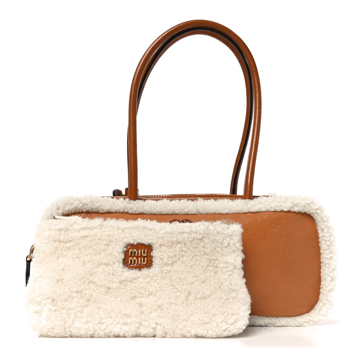 Miu Miu Shearling Calfskin Arcadie Top Handle Bag Cognac 1879313