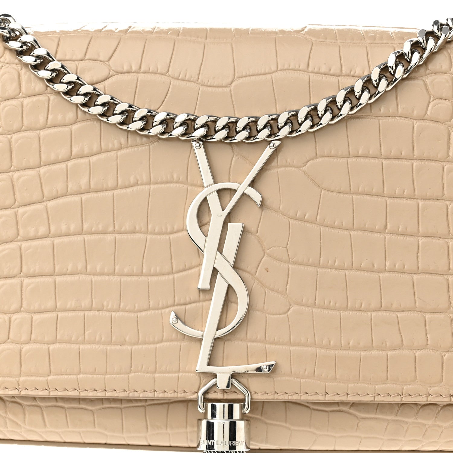 Saint Laurent Calfskin Crocodile Embossed Small Classic Monogram Kate Tassel Satchel Nude Powder 7 of 9
