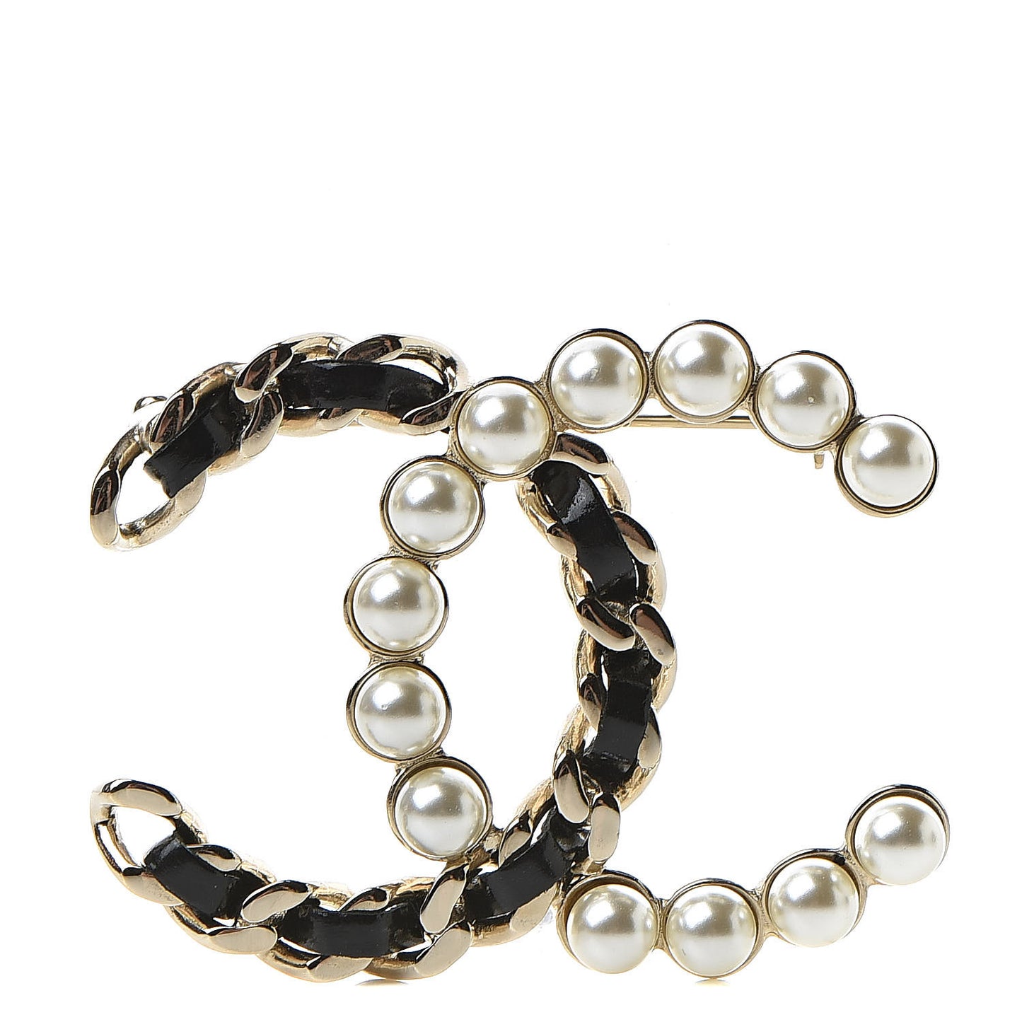Lambskin Pearl CC Chain Brooch Black Gold