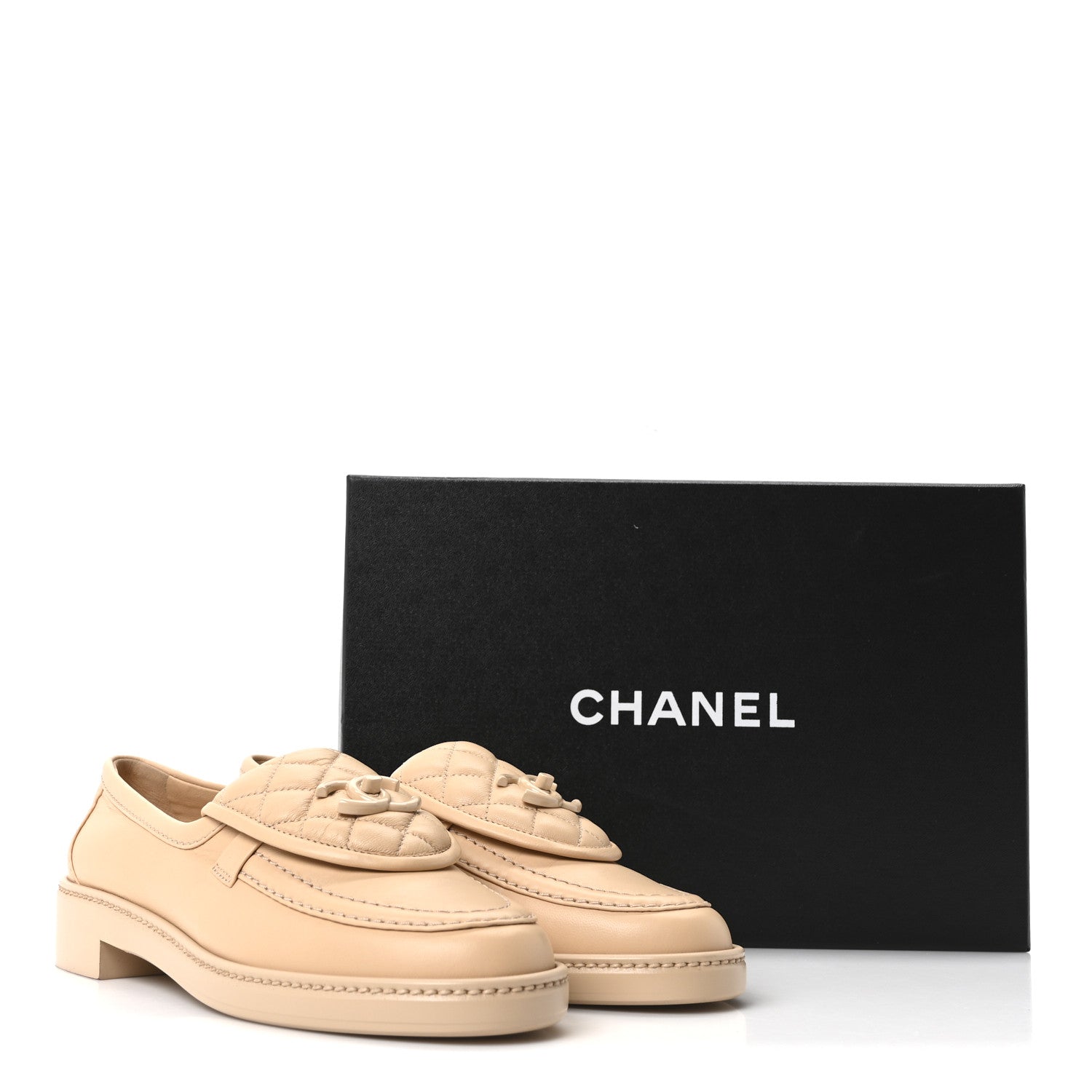 Chanel Lambskin Quilted CC Turnlock Loafers 37.5 Beige 1851364