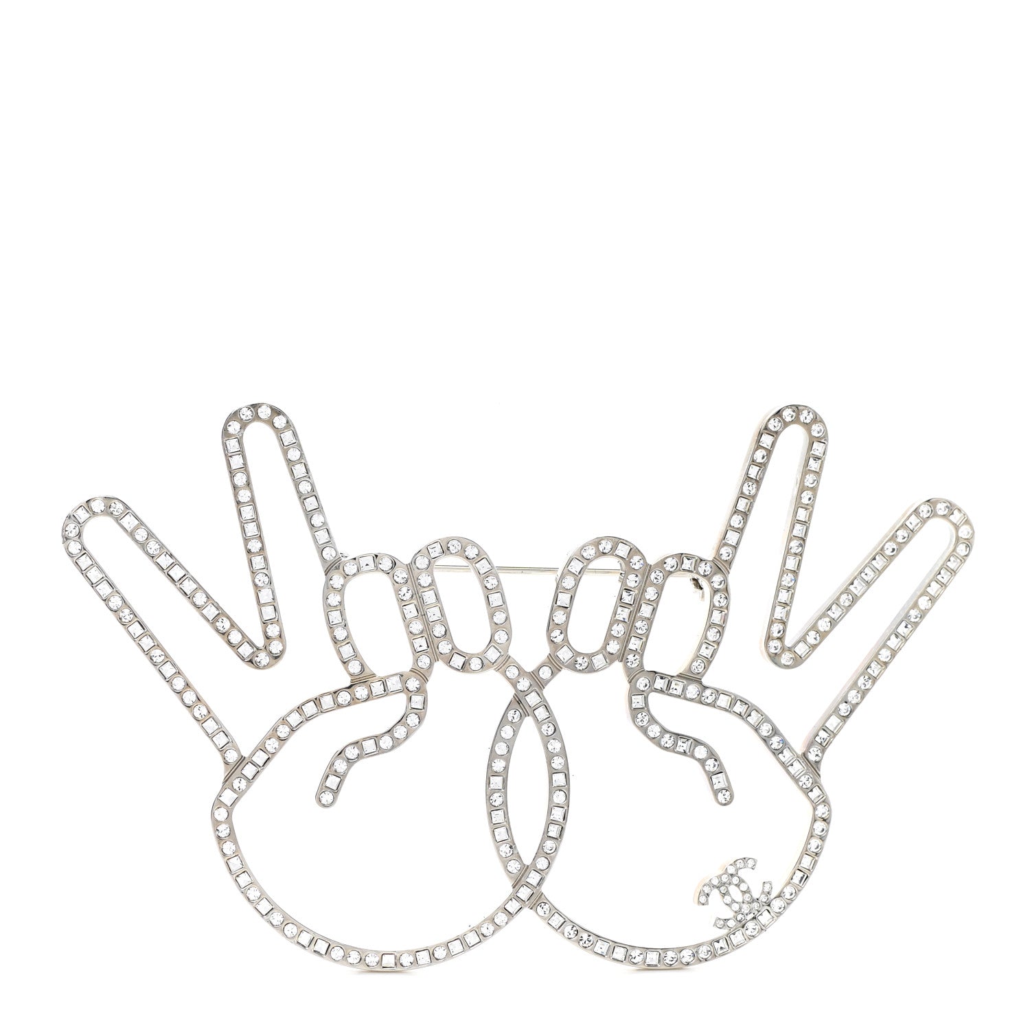 Chanel Strass Crystal Peace Sign Emoji Brooch Silver 1 of 5