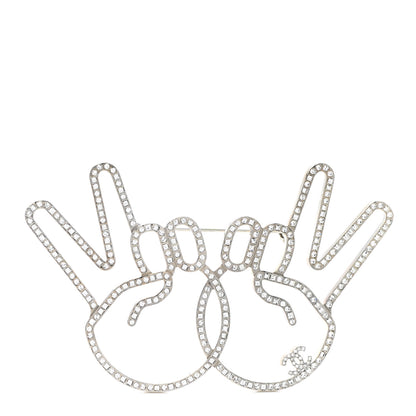 Chanel Strass Crystal Peace Sign Emoji Brooch Silver 1 of 5
