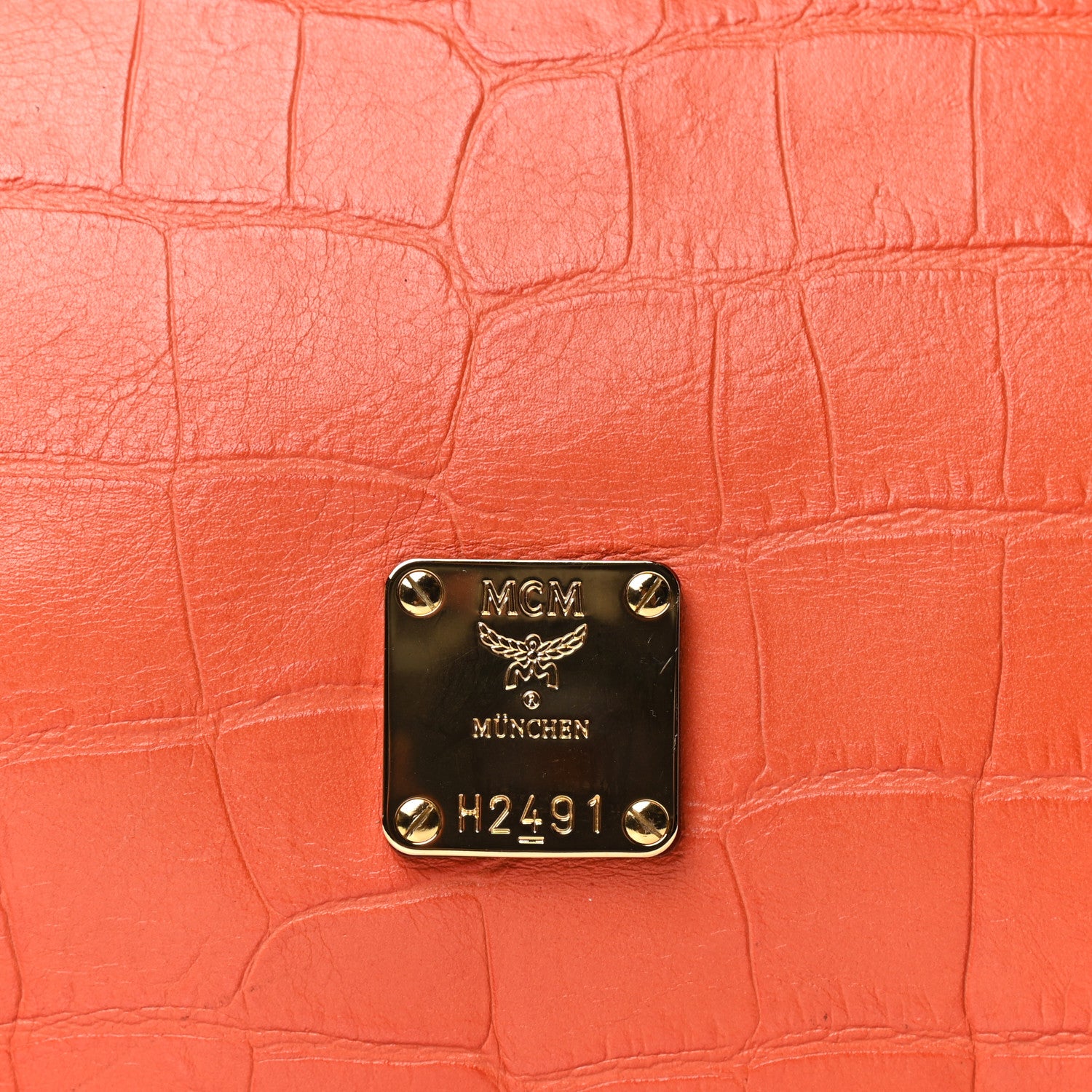 MCM Calfskin Crocodile Embossed Tote Orange 7 of 7