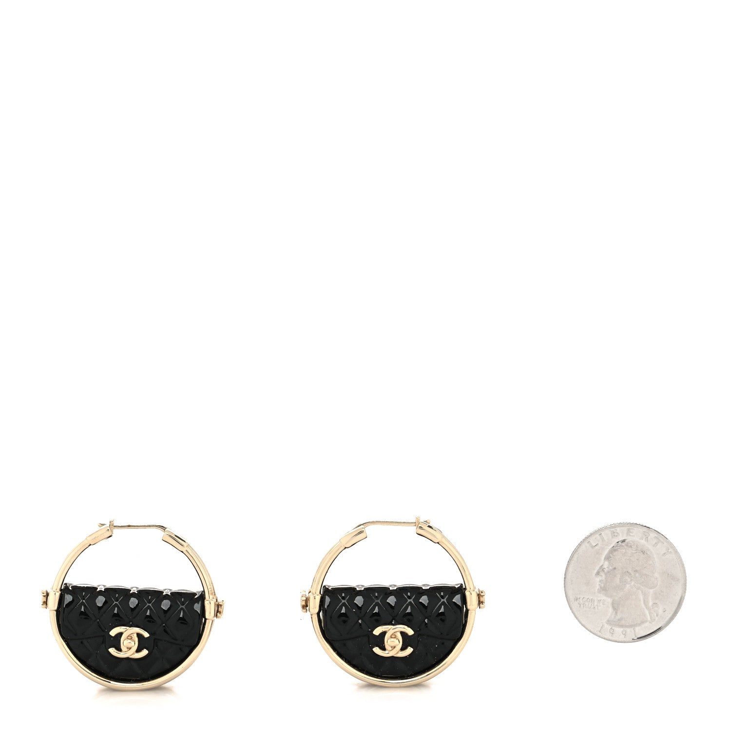 Chanel Metal Resin Quilted Flap Bag Hoop Earrings Black Gold 2 of 4