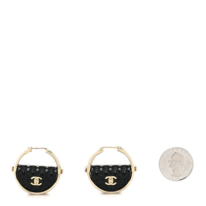 Chanel Metal Resin Quilted Flap Bag Hoop Earrings Black Gold 2 of 4