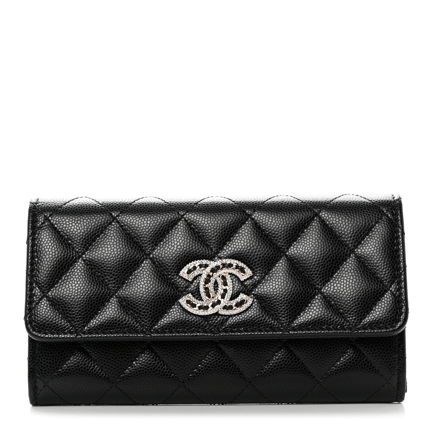 Caviar Quilted Crystal CC Large Gusset Flap Wallet Black