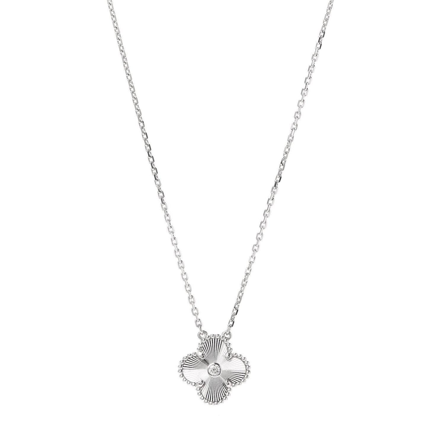 18K White Gold Diamond Guilloche Vintage Alhambra Pendant Necklace