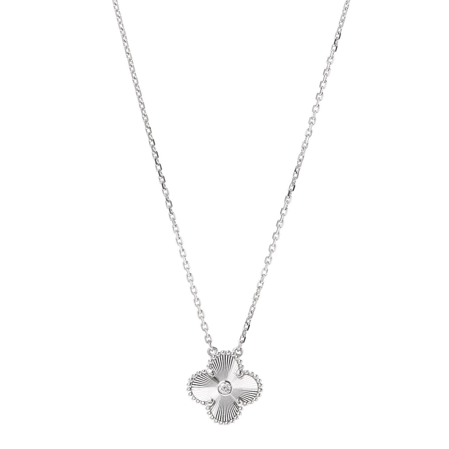 Van Cleef & Arpels 18K White Gold Diamond Guilloche Vintage Alhambra Pendant Necklace 1 of 8