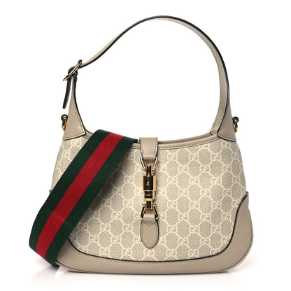 Gucci GG Supreme Monogram Textured Dollar Calfskin Web Small Jackie 1961 Hobo Beige Mystic White Oatmeal 1 of 11