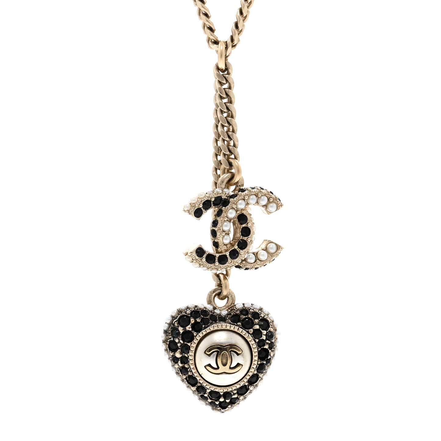 Crystal CC Heart Necklace Black Pearly White Gold