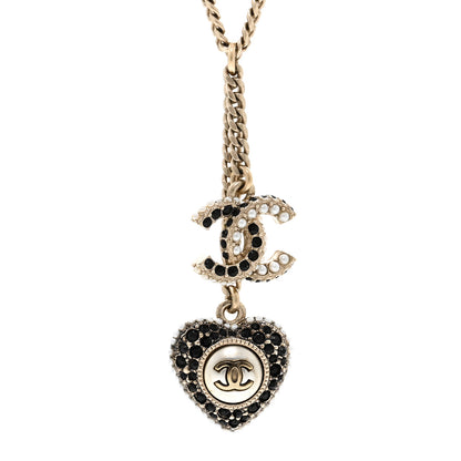 Chanel Crystal CC Heart Necklace Black Pearly White Gold 4 of 6