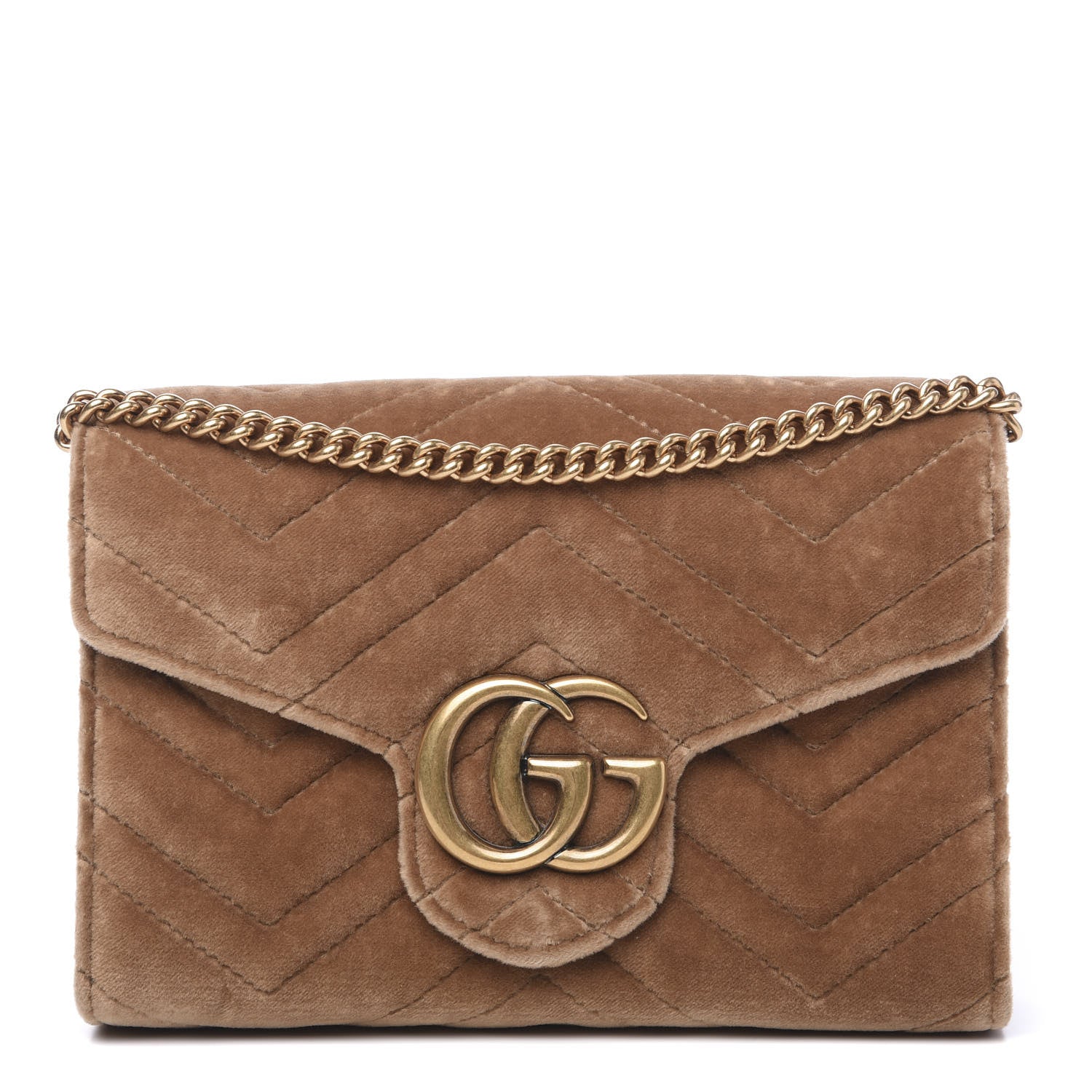 Gucci Velvet Matelasse GG Marmont Chain Wallet Taupe 1 of 12