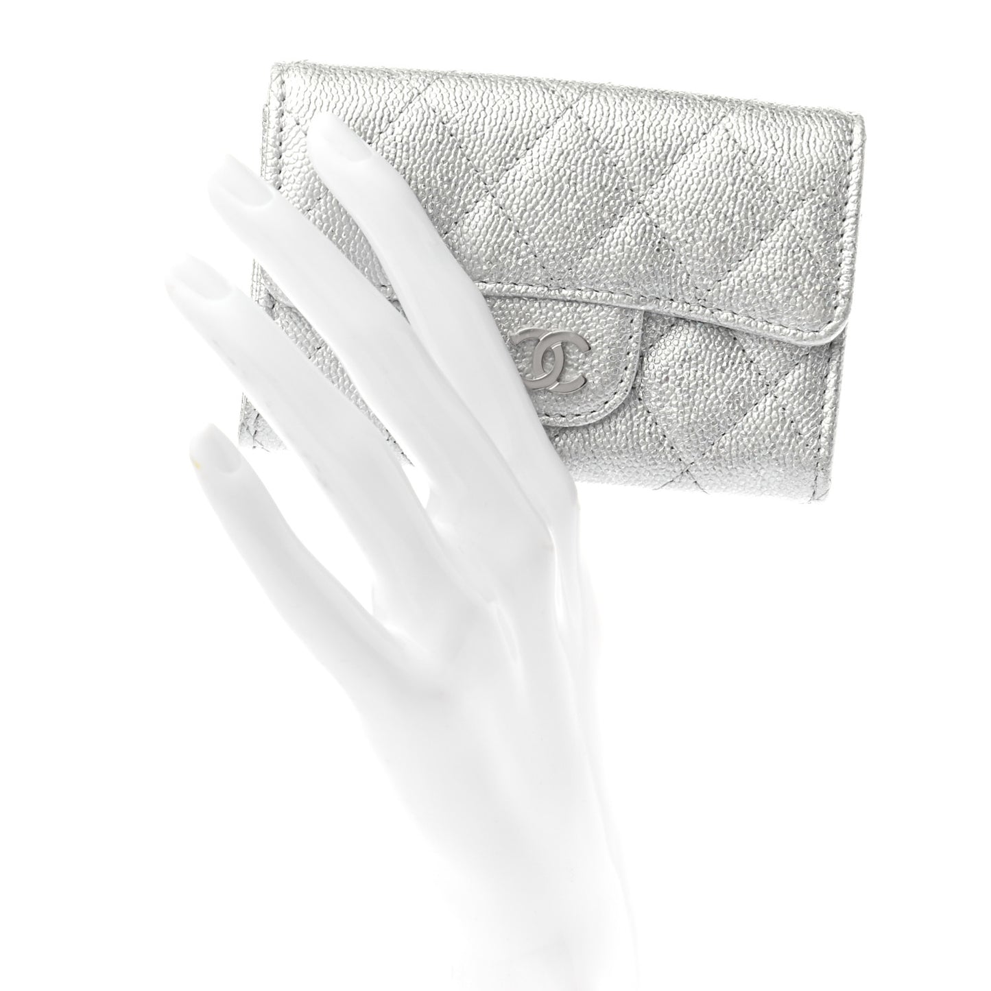 Glittered Metallic Caviar Quilted Flap Card Holder Wallet Silver
