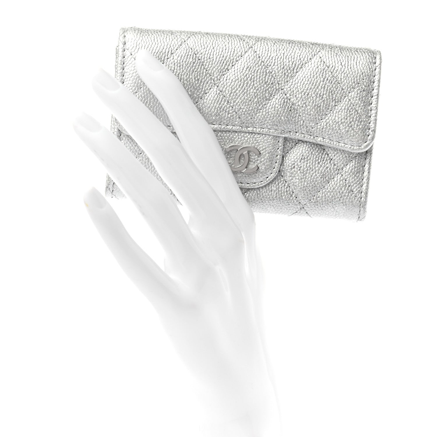 Chanel Glittered Metallic Caviar Quilted Flap Card Holder Wallet Silver 2 of 7