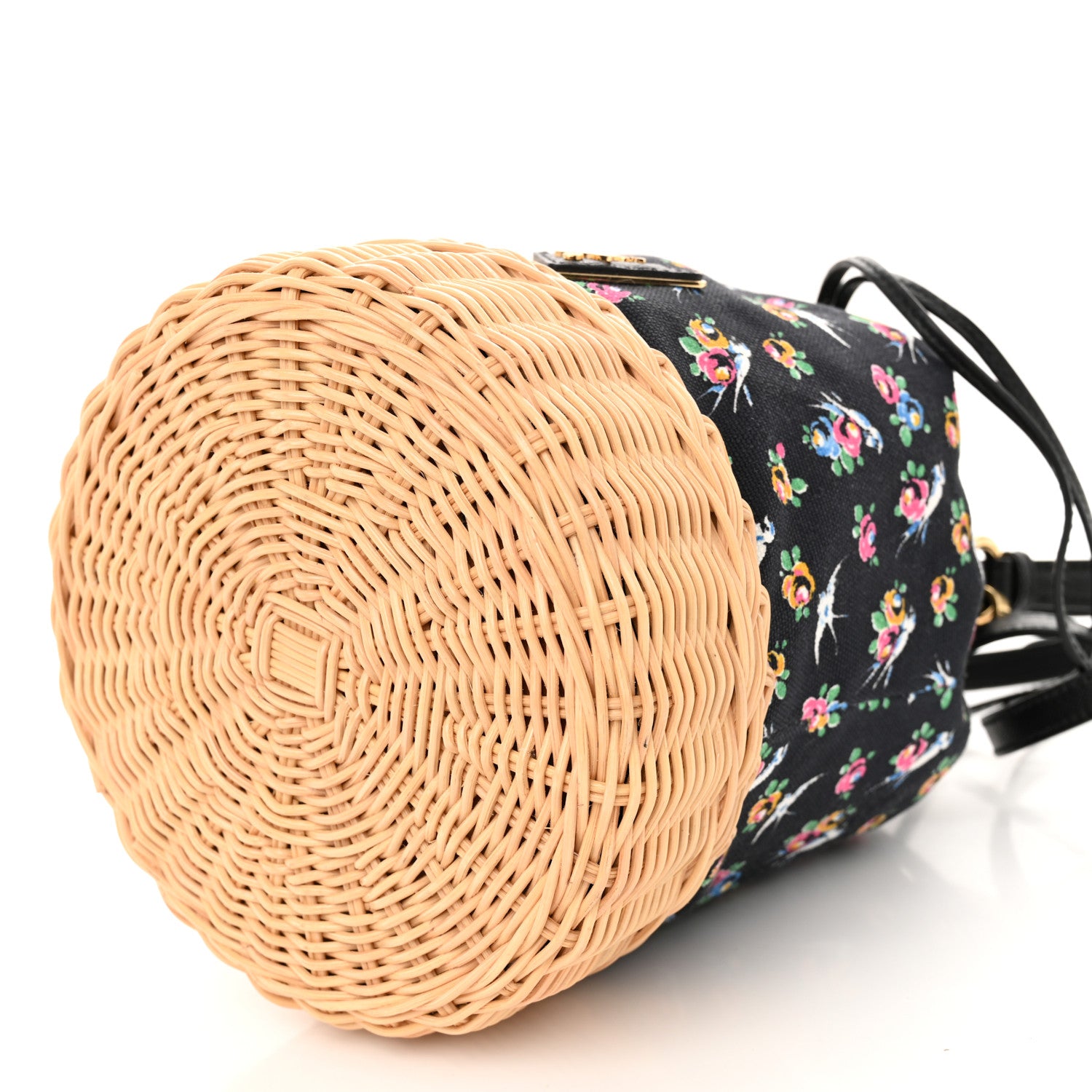 Prada Wicker Canvas Floral Print Bucket Bag Black Multicolor 11 of 12